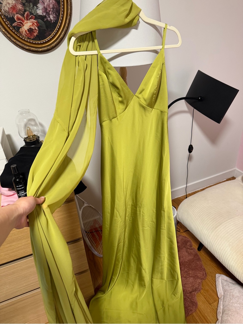AZAZIE Lime Green Satin Slip Dress with Draped Scarf